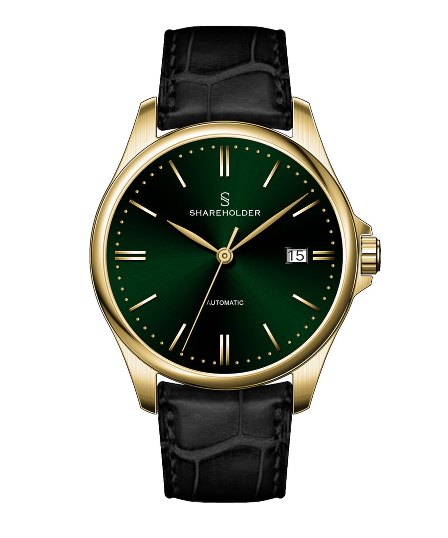 Royal Green Dial/ Gold Case Black Strap – Shareholder Watches