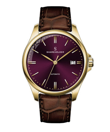 Dark Cherry Dial / Gold Case / Brown Strap